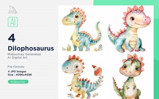 Dilophosaurus Watercolor Dinosaur Cartoon Character 4_Set