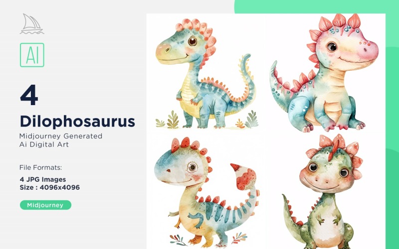 Dilophosaurus Watercolor Dinosaur Cartoon Character 4_Set Illustration