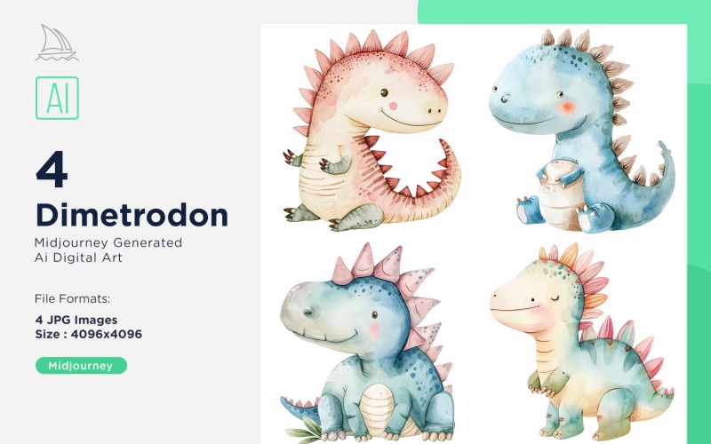 Dimetrodon Watercolor Dinosaur Cartoon Character 4_Set Illustration