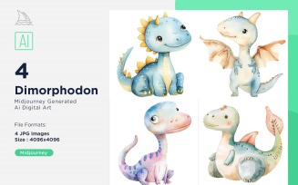 Dimorphodon Watercolor Dinosaur Cartoon Character 4_Set