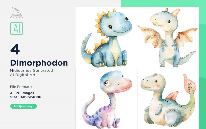 Dimorphodon Watercolor Dinosaur Cartoon Character 4_Set Illustration