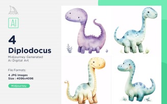 Diplodocus Watercolor Dinosaur Cartoon Character 4_Set