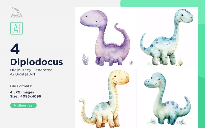 Diplodocus Watercolor Dinosaur Cartoon Character 4_Set Illustration