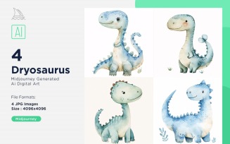 Dryosaurus Watercolor Dinosaur Cartoon Character 4_Set