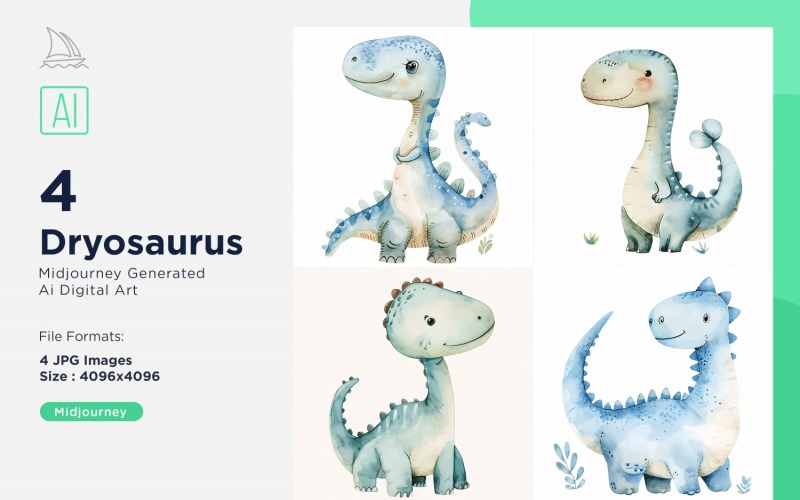 Dryosaurus Watercolor Dinosaur Cartoon Character 4_Set Illustration