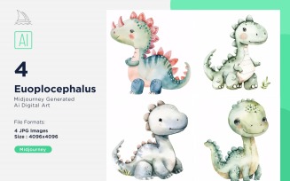 Euoplocephalus Watercolor Dinosaur Cartoon Character 4_Set