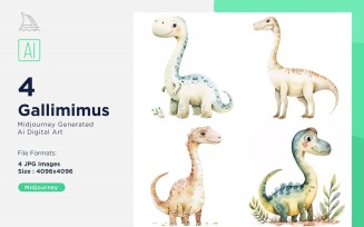 Gallimimus Watercolor Dinosaur Cartoon Character 4_Set