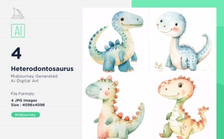 Heterodontosaurus Watercolor Dinosaur Cartoon Character 4_Set