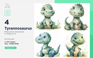 123 Watercolor Dinosaur Cartoon Character 4_Set