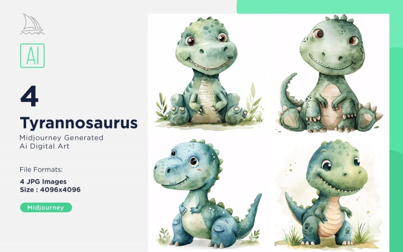 123 Watercolor Dinosaur Cartoon Character 4_Set Illustration