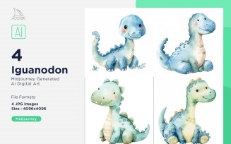 Iguanodon Watercolor Dinosaur Cartoon Character 4_Set