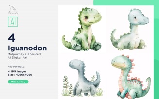 Iguanodon Watercolor Dinosaur Cartoon Character 4_Set.