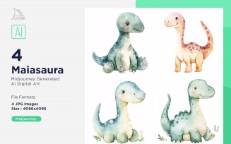 Maiasaura Watercolor Dinosaur Cartoon Character 4_Set