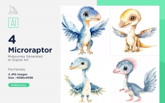Microraptor Watercolor Dinosaur Cartoon Character 4_Set