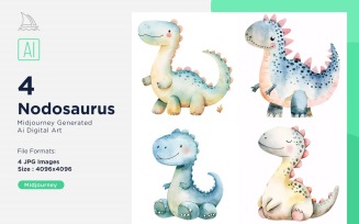 Nodosaurus Watercolor Dinosaur Cartoon Character 4_Set