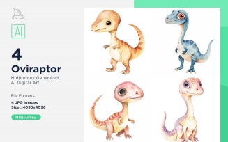 Oviraptor Watercolor Dinosaur Cartoon Character 4_Set