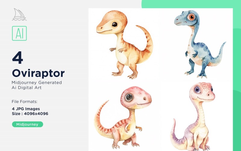 Oviraptor Watercolor Dinosaur Cartoon Character 4_Set Illustration
