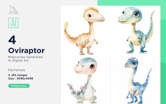 Oviraptor Watercolor Dinosaur Cartoon Character 4_Set.