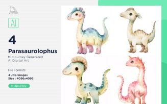 Parasaurolophus Watercolor Dinosaur Cartoon Character 4_Set