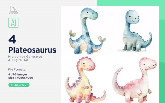 Plateosaurus Watercolor Dinosaur Cartoon Character 4_Set