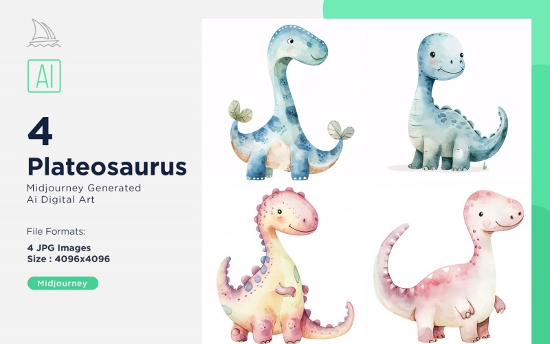 Plateosaurus Watercolor Dinosaur Cartoon Character 4_Set Illustration