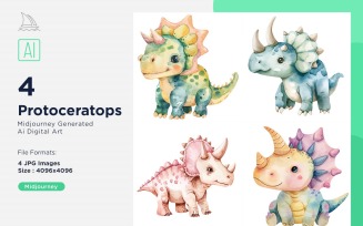 Protoceratops Watercolor Dinosaur Cartoon Character 4_Set