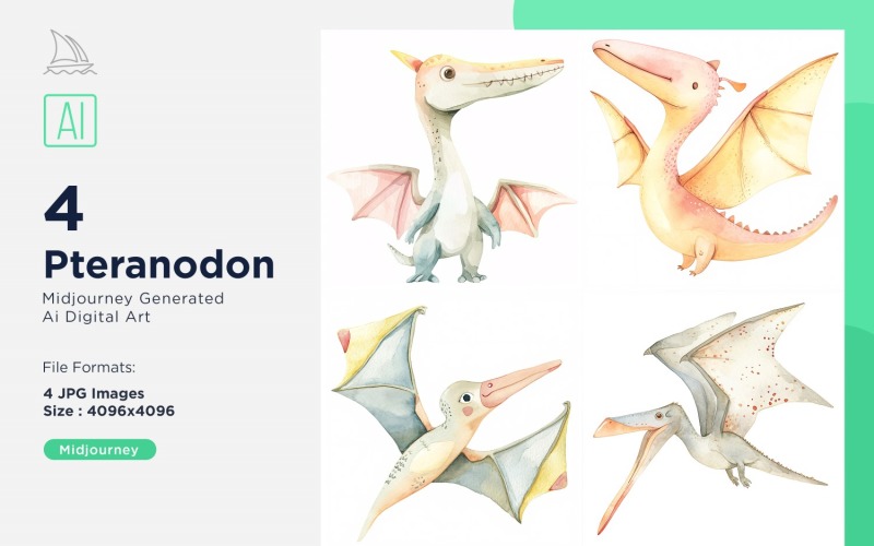 Pteranodon Watercolor Dinosaur Cartoon Character 4_Set Illustration