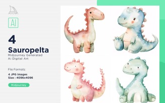 Sauropelta Watercolor Dinosaur Cartoon Character 4_Set