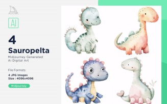 Sauropelta Watercolor Dinosaur Cartoon Character 4_Set.