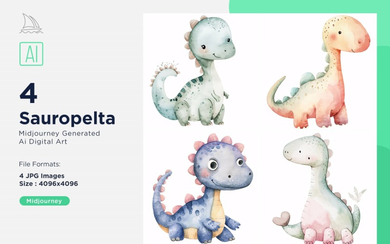 Sauropelta Watercolor Dinosaur Cartoon Character 4_Set. Illustration