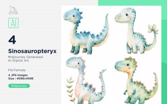 Sinosauropteryx Watercolor Dinosaur Cartoon Character 4_Set