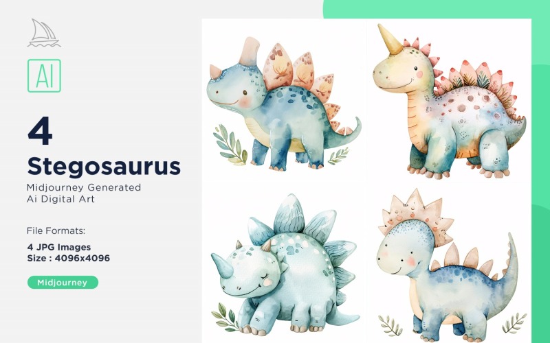 Stegosaurus Watercolor Dinosaur Cartoon Character 4_Set Illustration