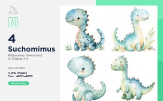 Suchomimus Watercolor Dinosaur Cartoon Character 4_Set