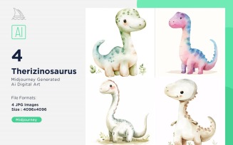 Therizinosaurus Watercolor Dinosaur Cartoon Character 4_Set