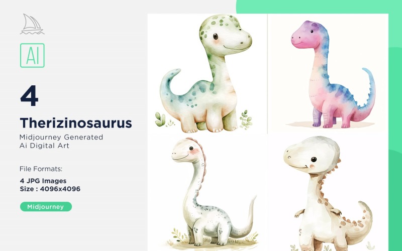 Therizinosaurus Watercolor Dinosaur Cartoon Character 4_Set Illustration