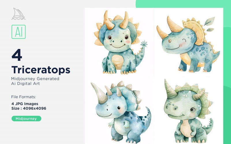 Triceratops Watercolor Dinosaur Cartoon Character 4_Set Illustration