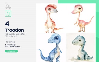 Troodon Watercolor Dinosaur Cartoon Character 4_Set