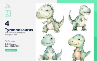 Tyrannosaurus Watercolor Dinosaur Cartoon Character 4_Set