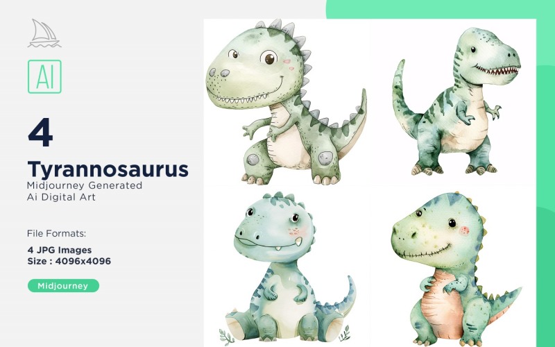 Tyrannosaurus Watercolor Dinosaur Cartoon Character 4_Set Illustration