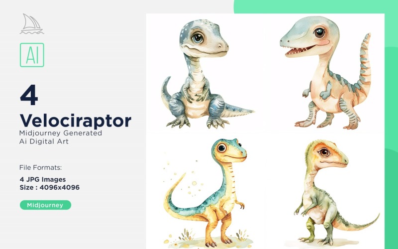 Velociraptor Watercolor Dinosaur Cartoon Character 4_Set Illustration