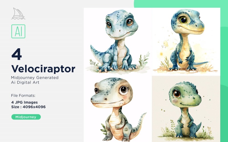 Velociraptor Watercolor Dinosaur Cartoon Character 4_Set. Illustration