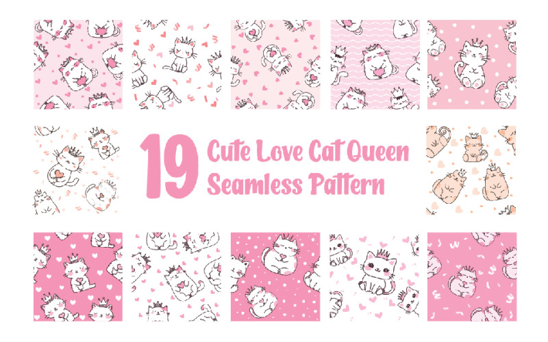 19 Cute Love Cat Queen Seamless Pattern Illustration