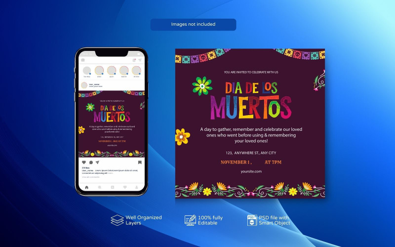 Modern Día de Muertos Social Media PSD Template