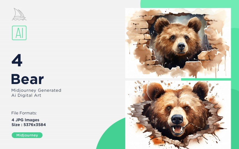 Bear funny Animal head Watercolor peeking on white background Set Illustration