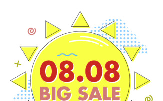 Big sale sticker with sun and dotted clouds for the 08.08 date in Memphis style