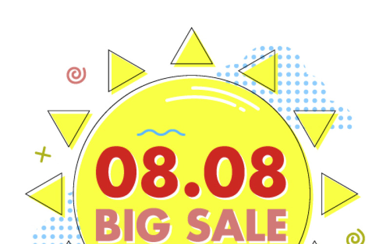 Big sale sticker with sun and dotted clouds for the 08.08 date in Memphis style Vector Graphic