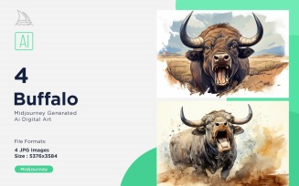 Buffalo funny Animal head Watercolor peeking on white background Set