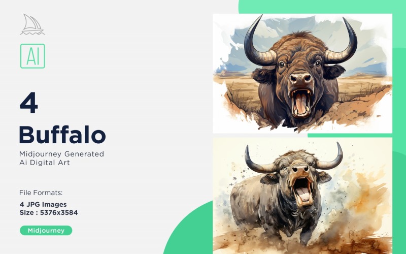 Buffalo funny Animal head Watercolor peeking on white background Set Illustration