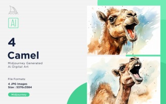 Camel funny Animal head Watercolor peeking on white background Set