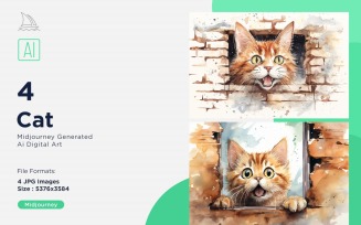 Cat funny Animal head Watercolor peeking on white background Set